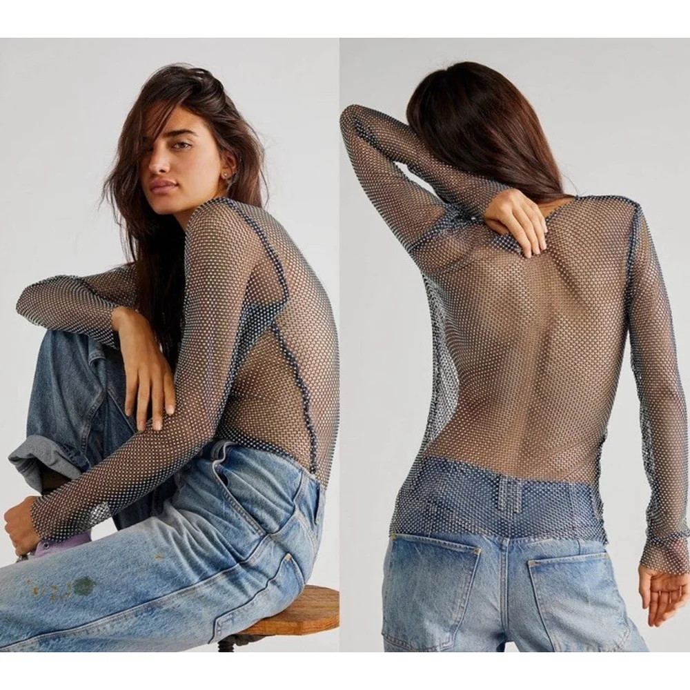 Free People Intimately Filter Finish Top Navy Iridescent Cover Up Rave Night Out